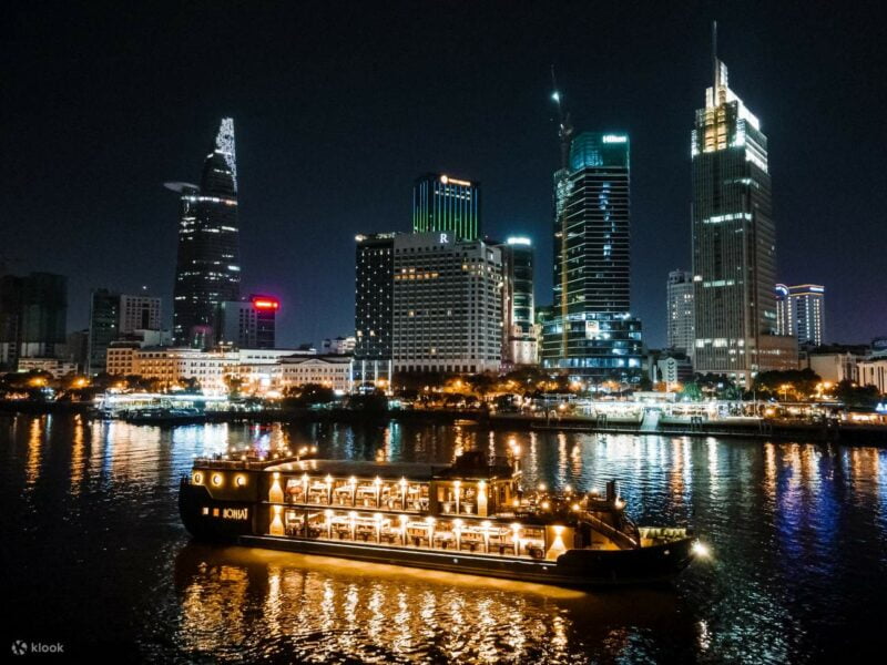 Enjoy Dinner On A river Cruise On The Mekong Delta in front of the Ho Chi Minh Skyline At Night