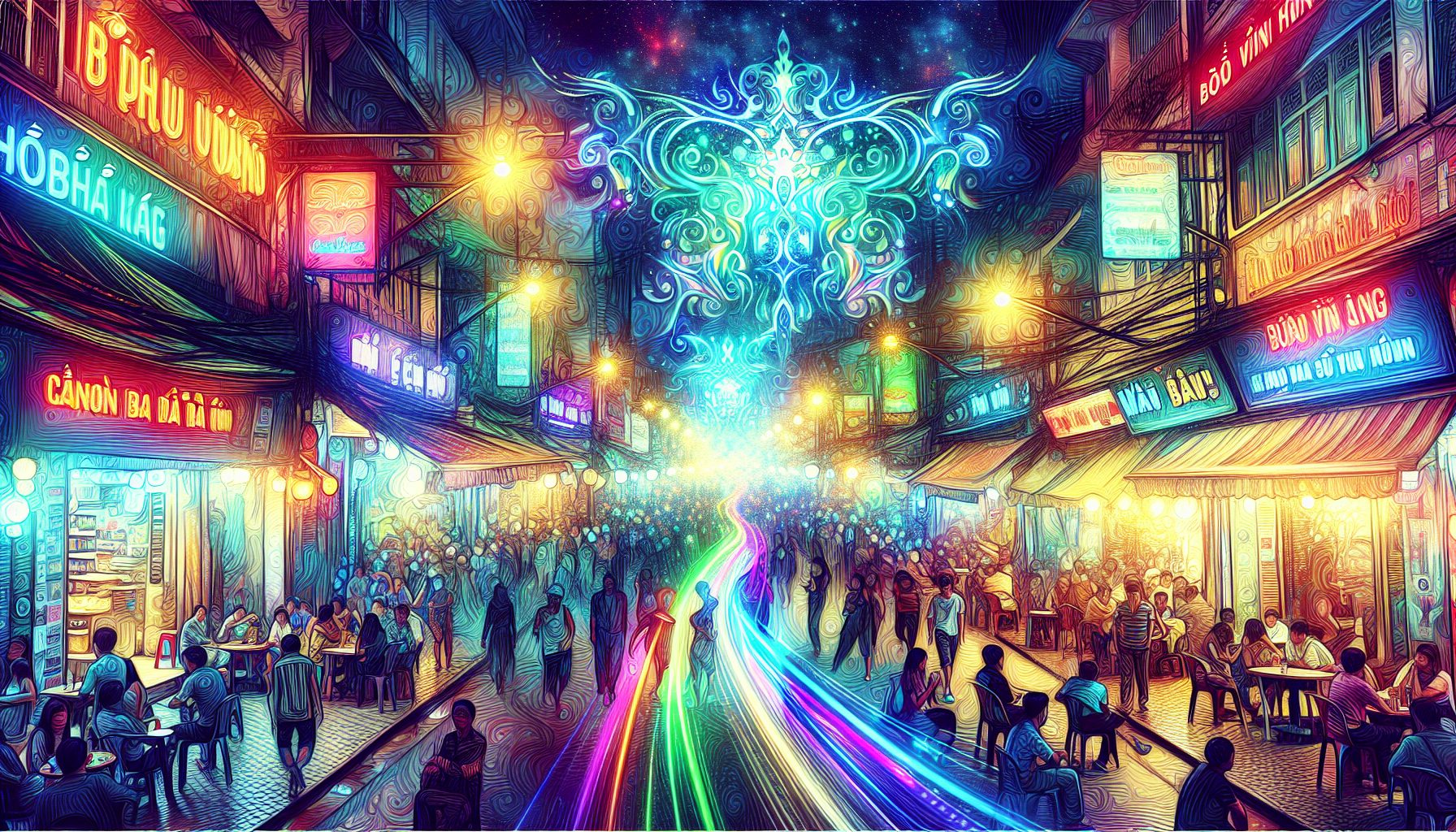 Illustration of vibrant nightlife on Bui Vien Street