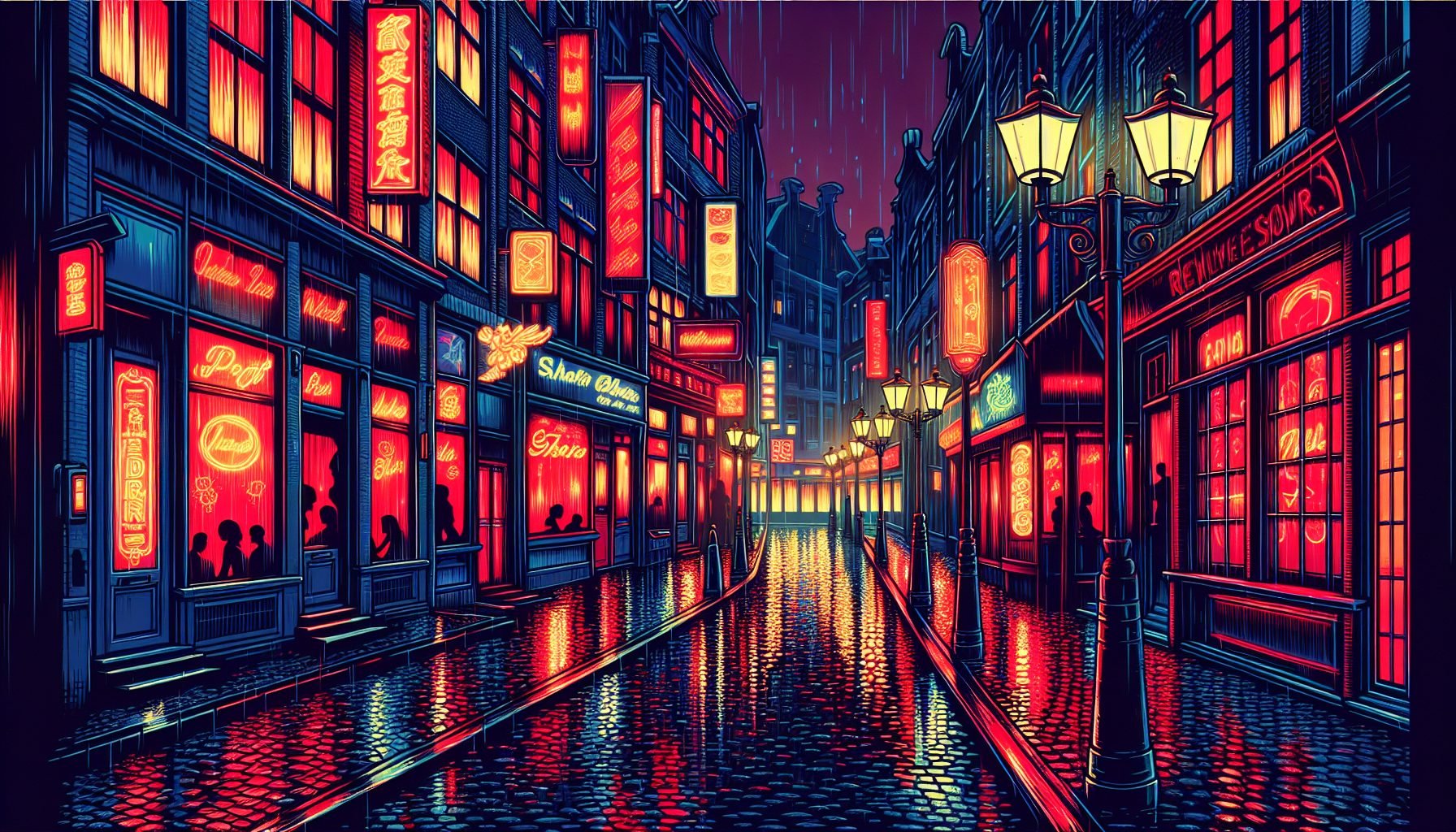 Illustration of red light district with colorful signs